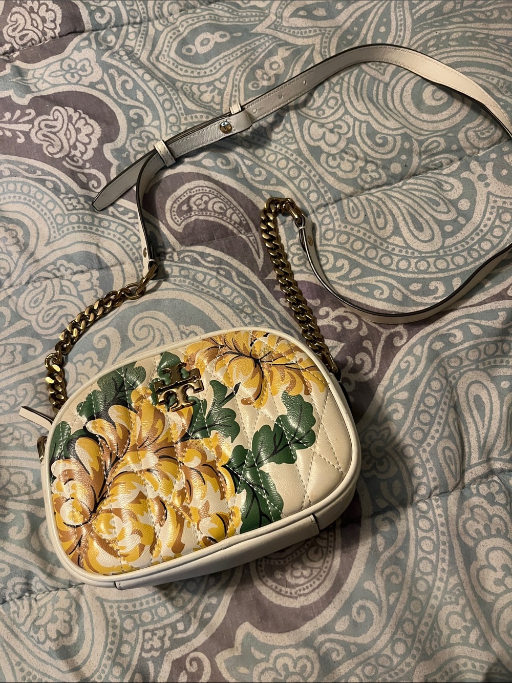 Tory Burch White Quilted Crossbody with Yellow Floral Print